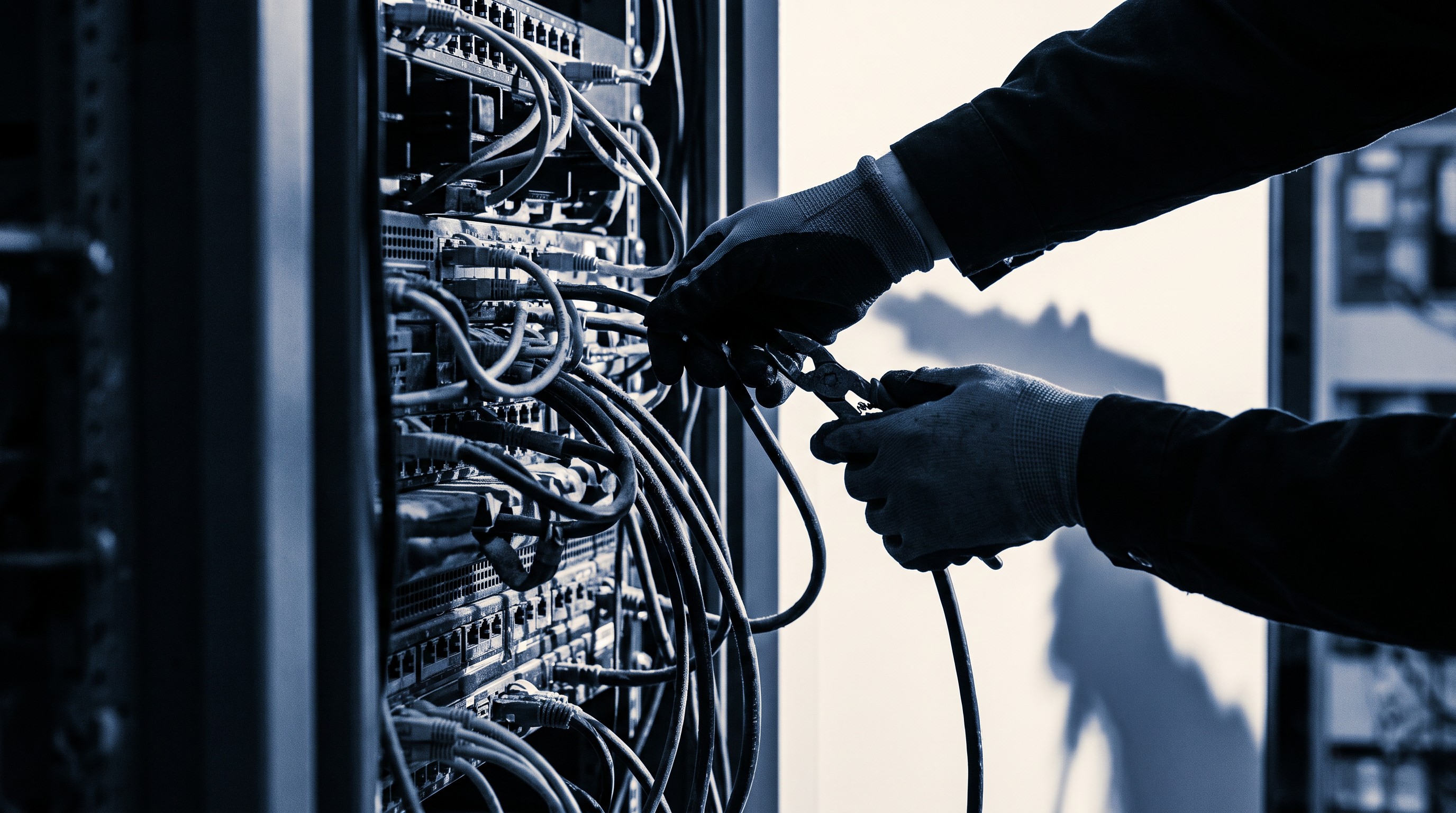 Serverruimte naast een illustratie van een cloudmigratie